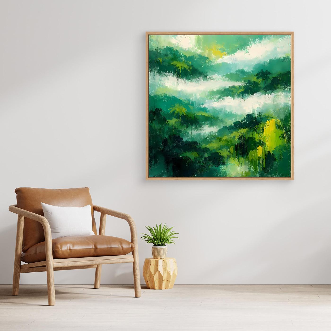 Quadratisches Leinwand-Wandbild mit abstraktem Regenwald und Nebel, Eichenrahmen