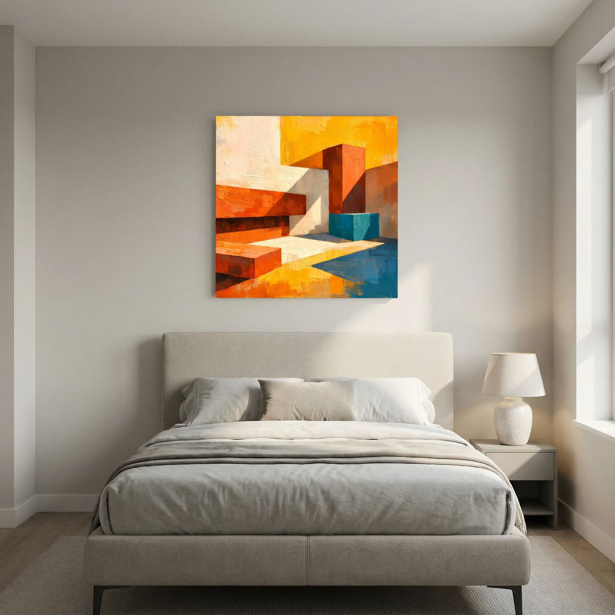 Abstraktes Leinwand-Wandbild mit Blockarchitektur in Orange, Weiß und Blau