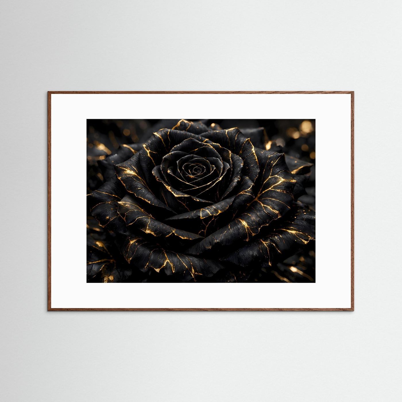 Wandbild mit schwarzer Rose und goldenen Adern im braunen Rahmen