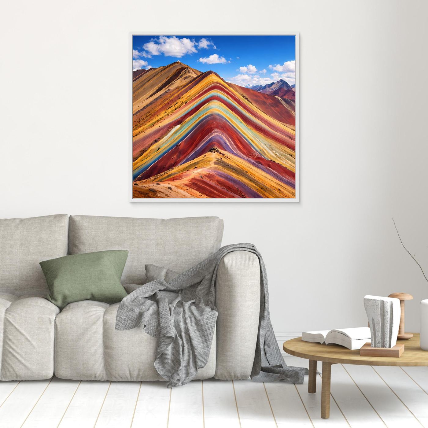 Leinwandbild mit weißem Rahmen, abstrakte Regenbogen-Gebirgslandschaft mit bunten Wellen