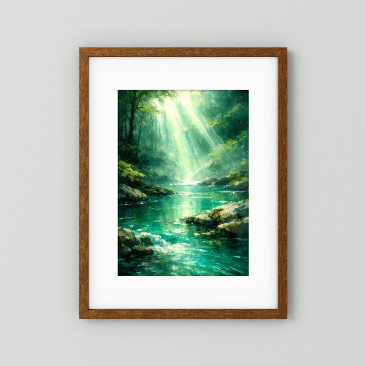 Wandbild Hochformat mit grünem Fluss im Wald und Lichtstrahlen, heller Eichenrahmen