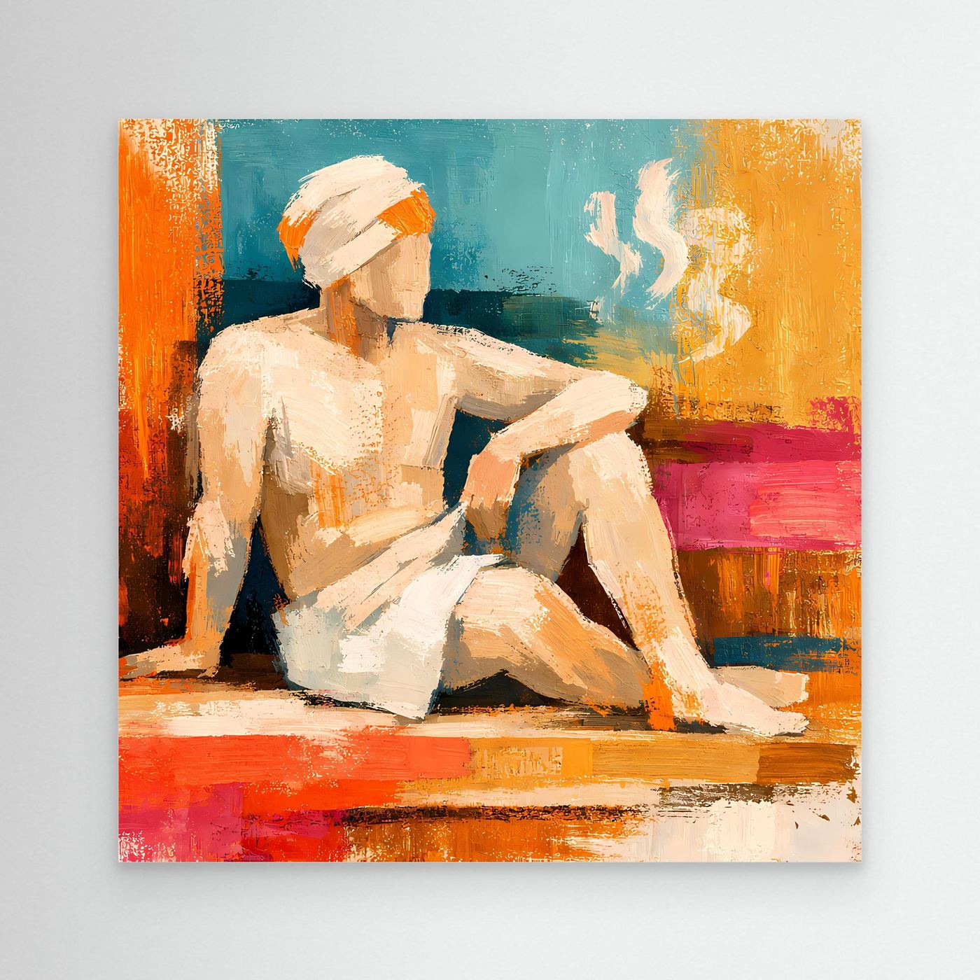 Abstract canvas wall art of a seated woman with a white headscarf and raised arm