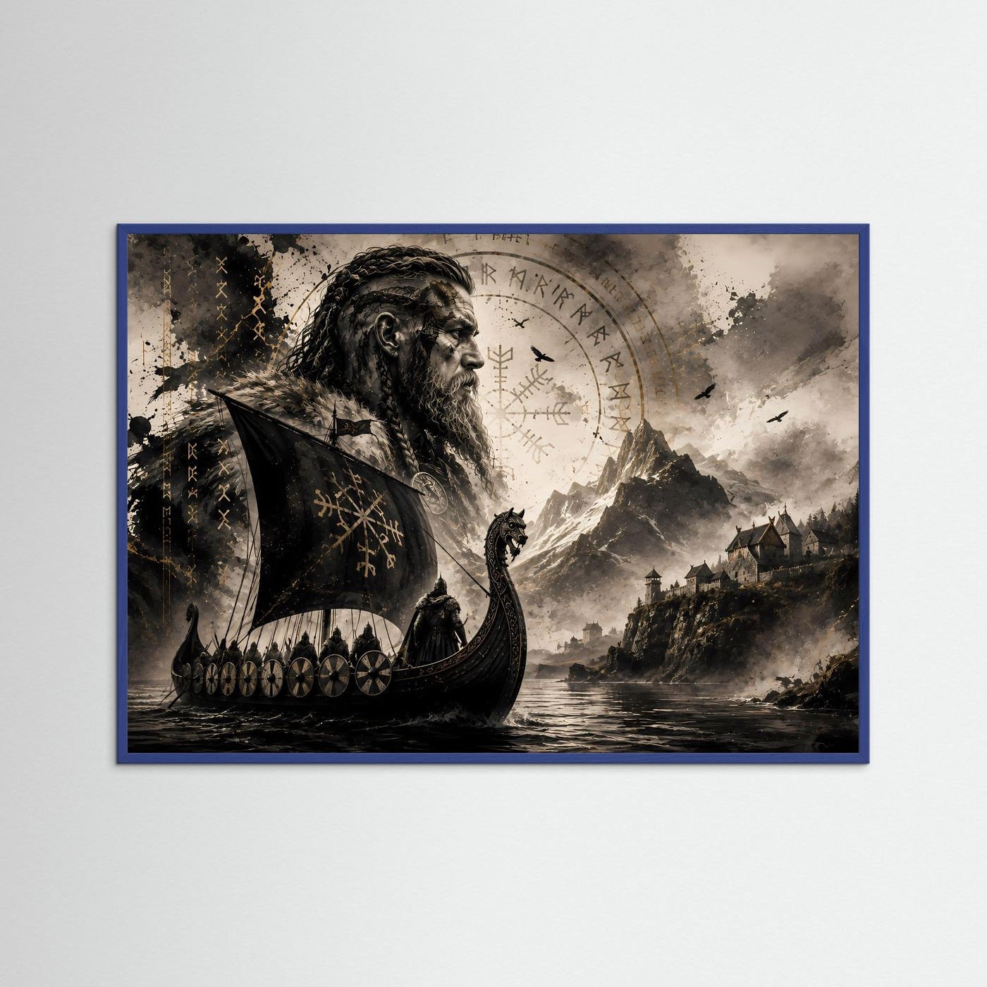 Wikinger auf Drachenboot vor nordischer Berglandschaft | Mystische Wikingerkunst mit Runen, Kriegern & Raben in Schwarz, Gold und Sepia