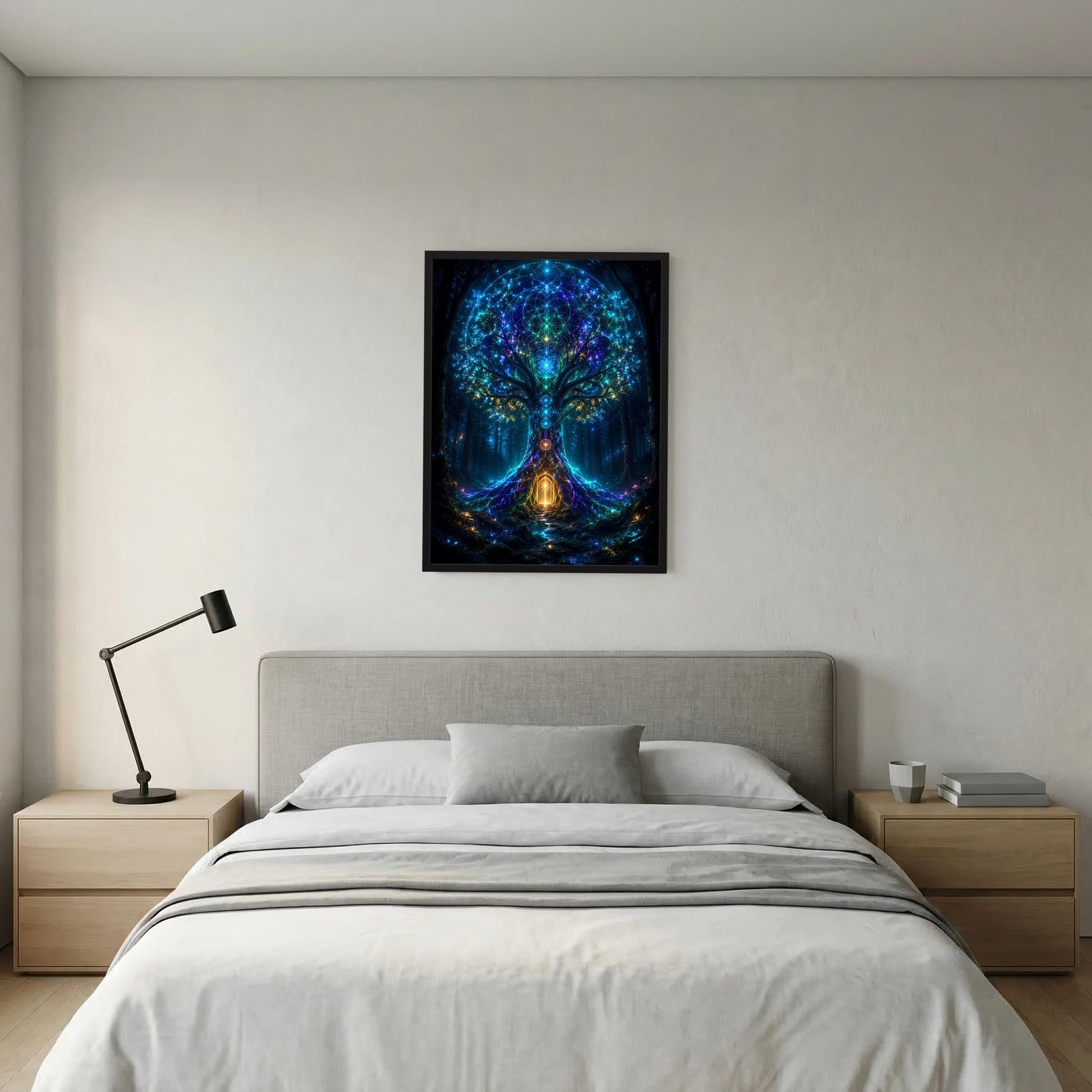 Hochformat-Poster mit schwarzem Rahmen, blau glühender Baumform mit Lichtbogen