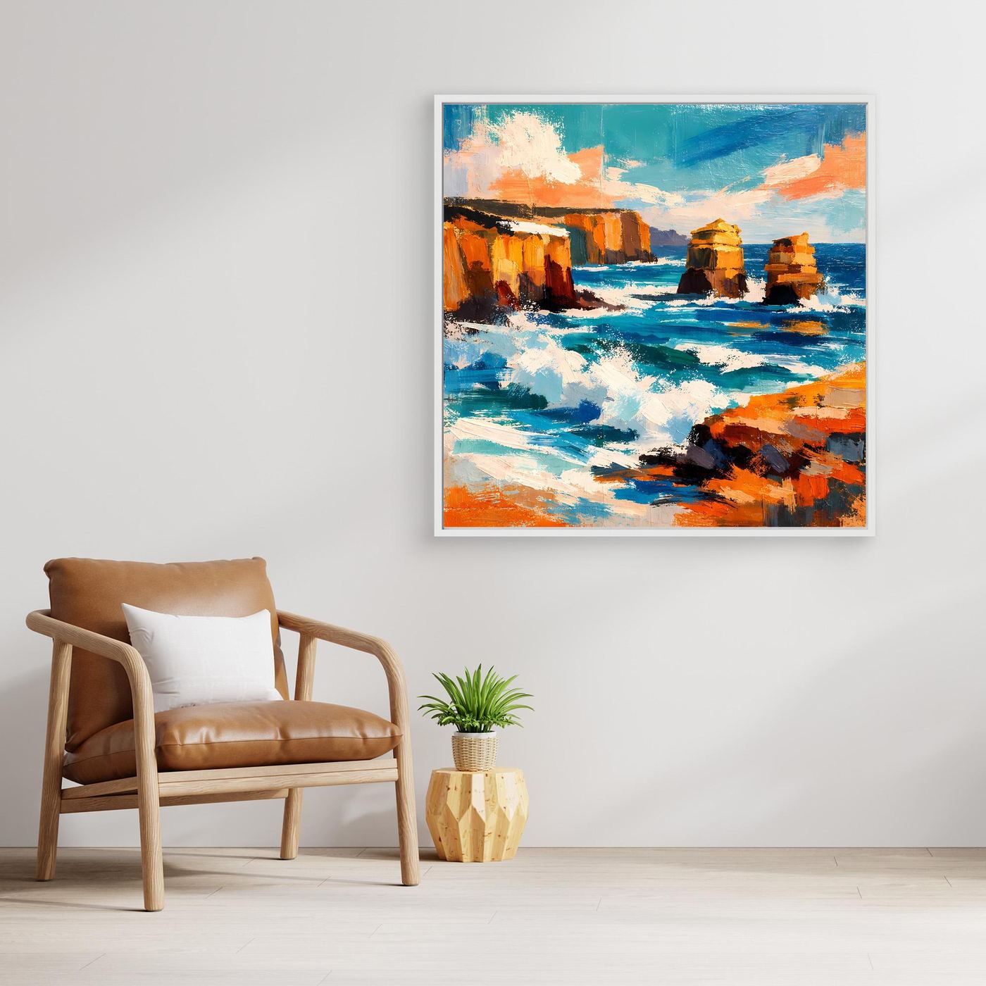 Wandbild mit abstraktem Küstenmotiv, blau und Orange, mit beigem Holzrahmen