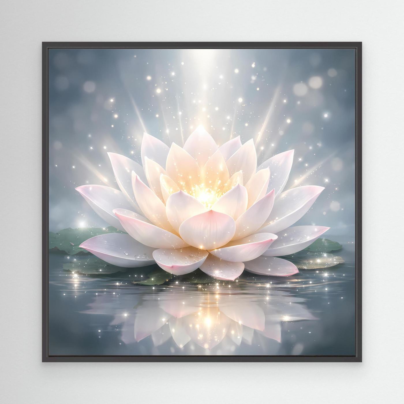 Leinwandbild mit leuchtender Lotusblüte im schwarzen Rahmen, helle Blüten, Lichtpunkte