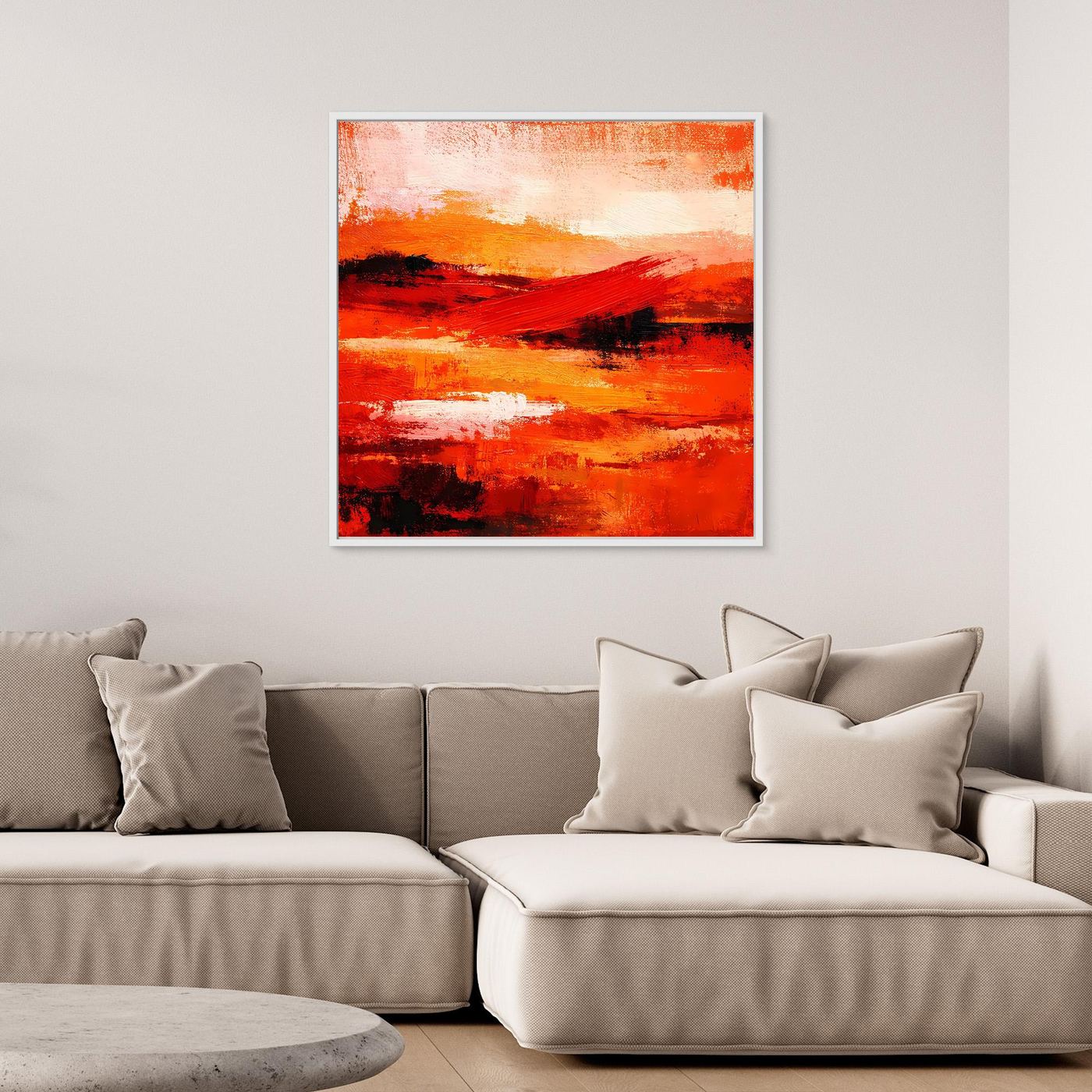 Gerahmtes abstraktes Leinwand-Wandbild mit Rot-Orange Verlauf und dunkelroten Linien