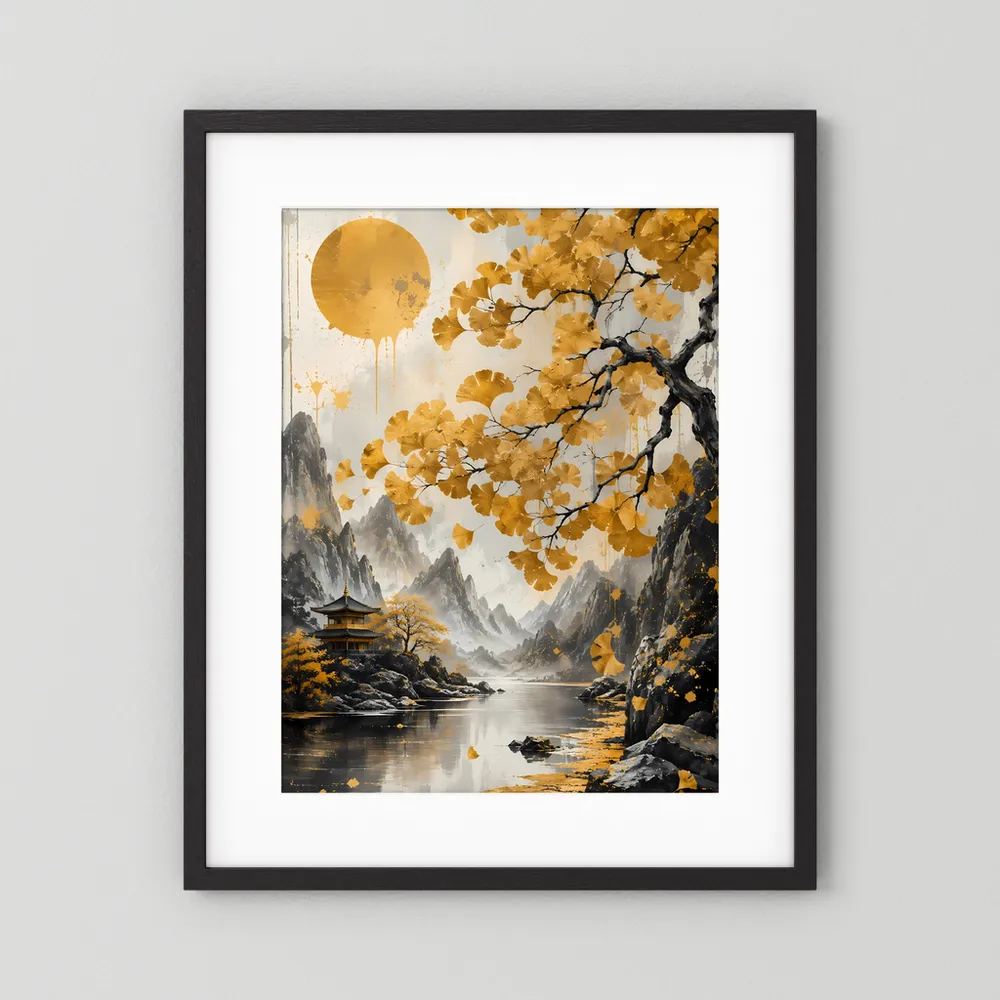 Schwarz gerahmtes Hochformat-Poster mit weißem Rand: asiatische Landschaft, See, Tempel, goldener Baum