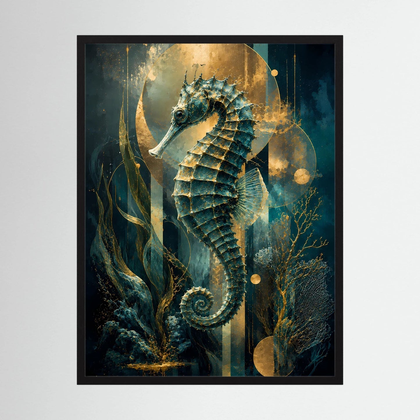 Poster Hochformat mit Seepferdchen in Petrol und Gold, schwarzer Rahmen