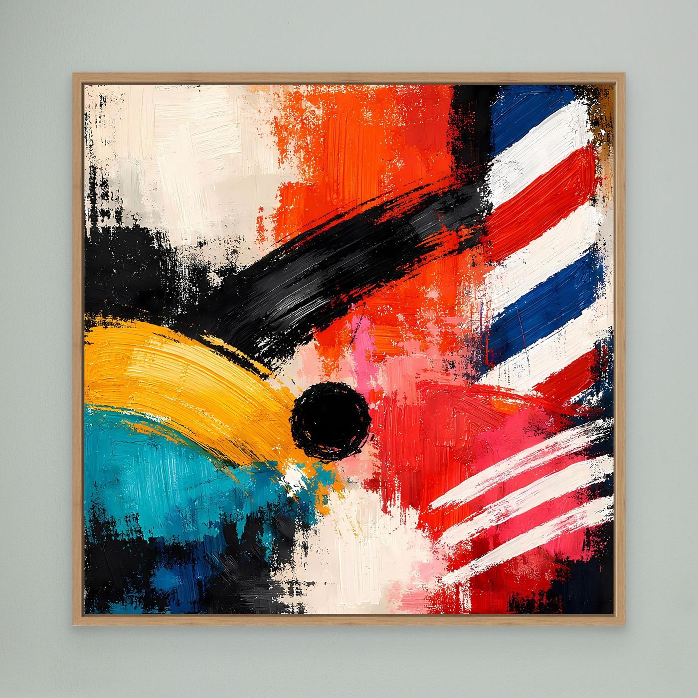 Abstract canvas wall art with oak frame: red, blue, white stripes and black circle