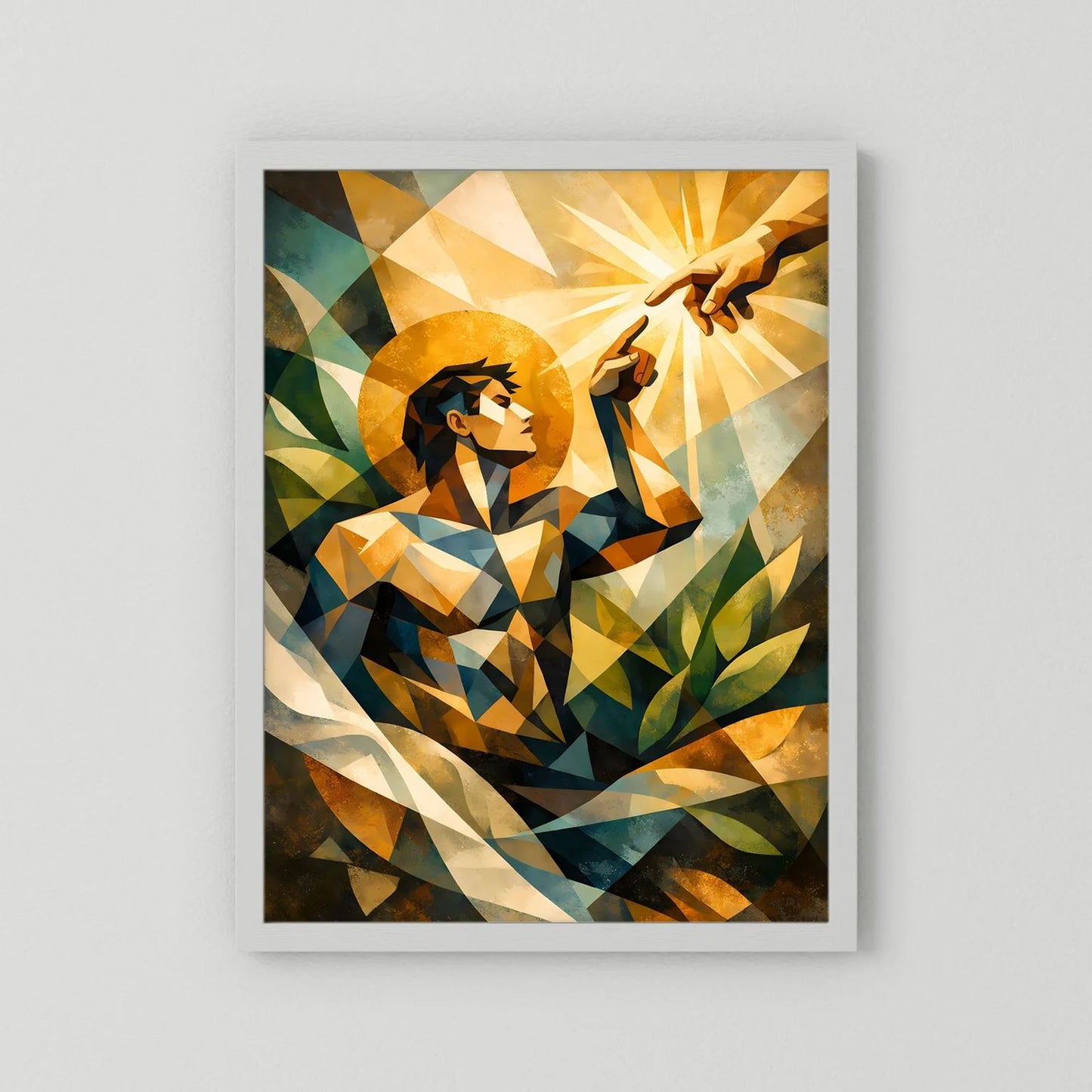 Poster im Hochformat mit geometrischem Menschen und Lichtstrahlen, weißes Passepartout