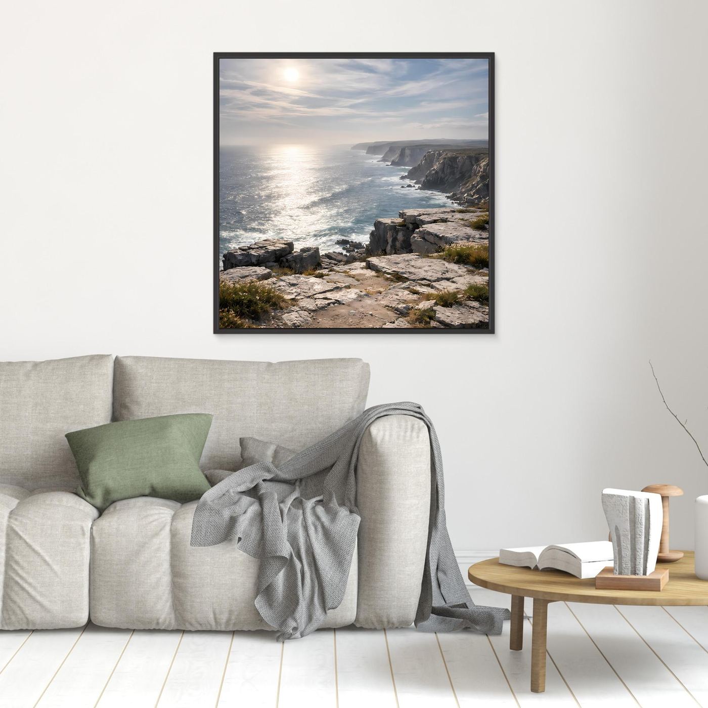 Leinwandbild Steilküste am Meer mit Felsen, Meer und Sonnenaufgang im schwarzen Rahmen