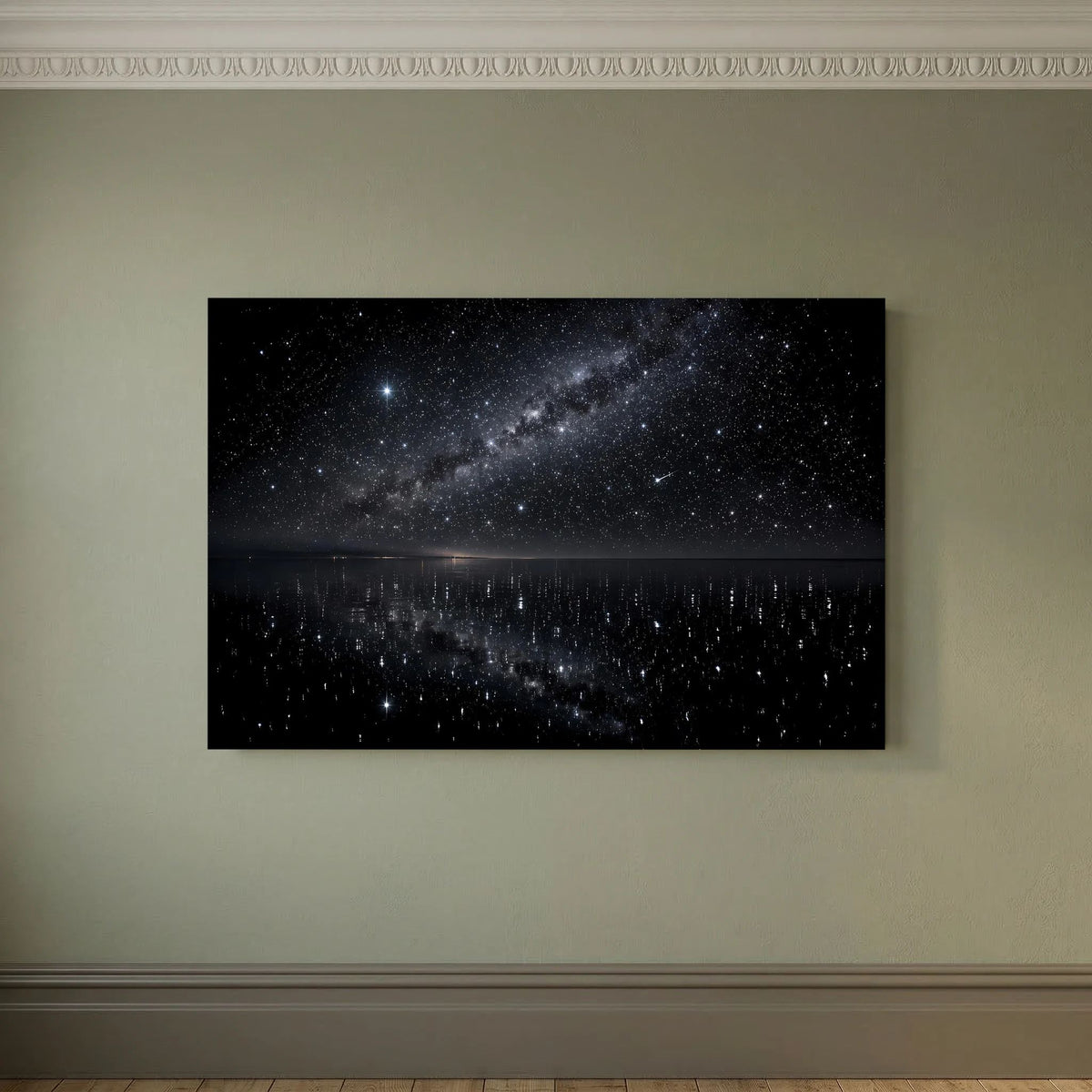 Wandposter im hellem Rahmen, Sternenhimmel über spiegelndem See