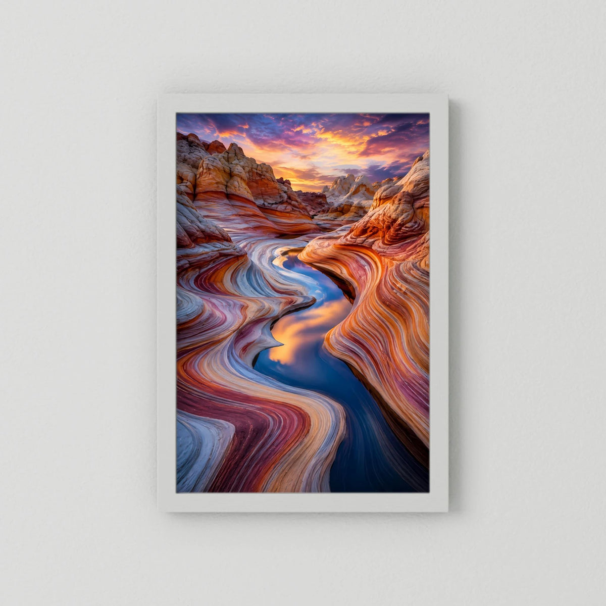 Hochformat-Poster Wüstenlandschaft mit geschwungenen Felsen, Abendhimmel, ohne Rahmen