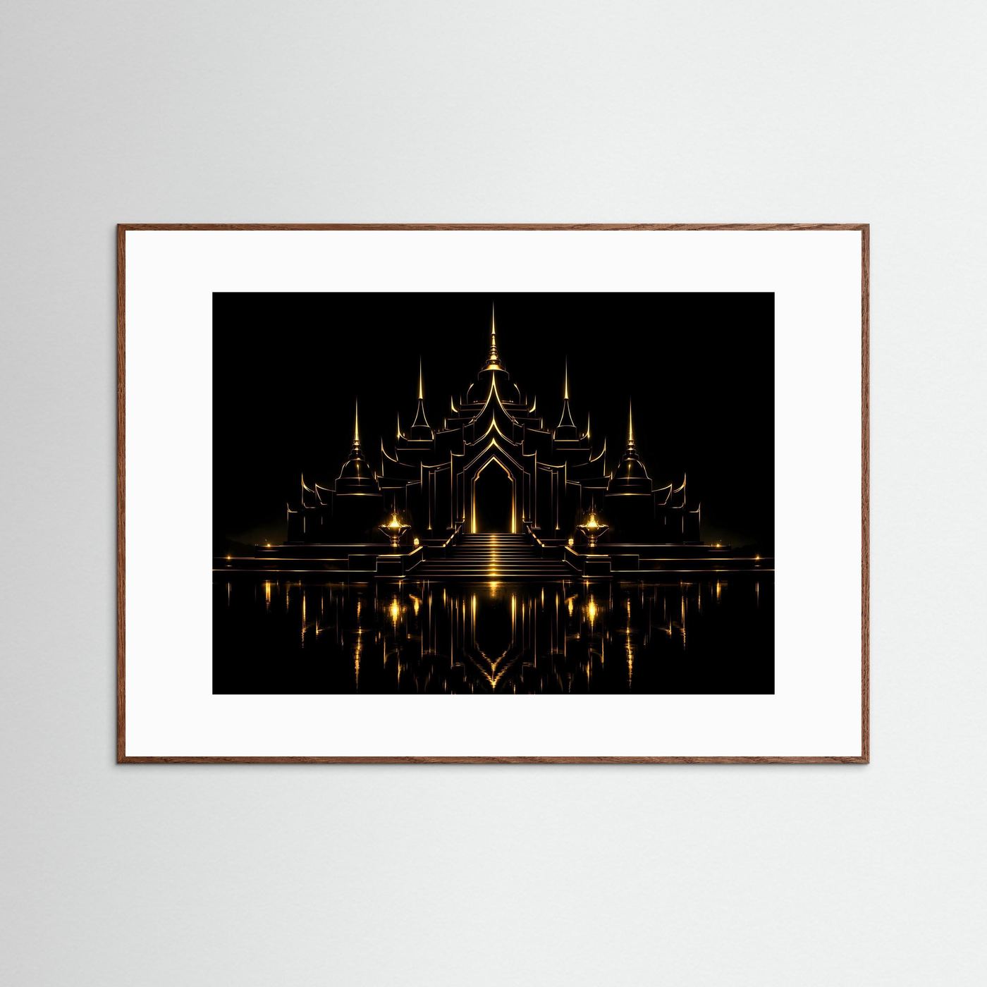 Poster mit goldener Tempelanlage, dunkle Nachtansicht, weiß gerahmt mit hellem Holz