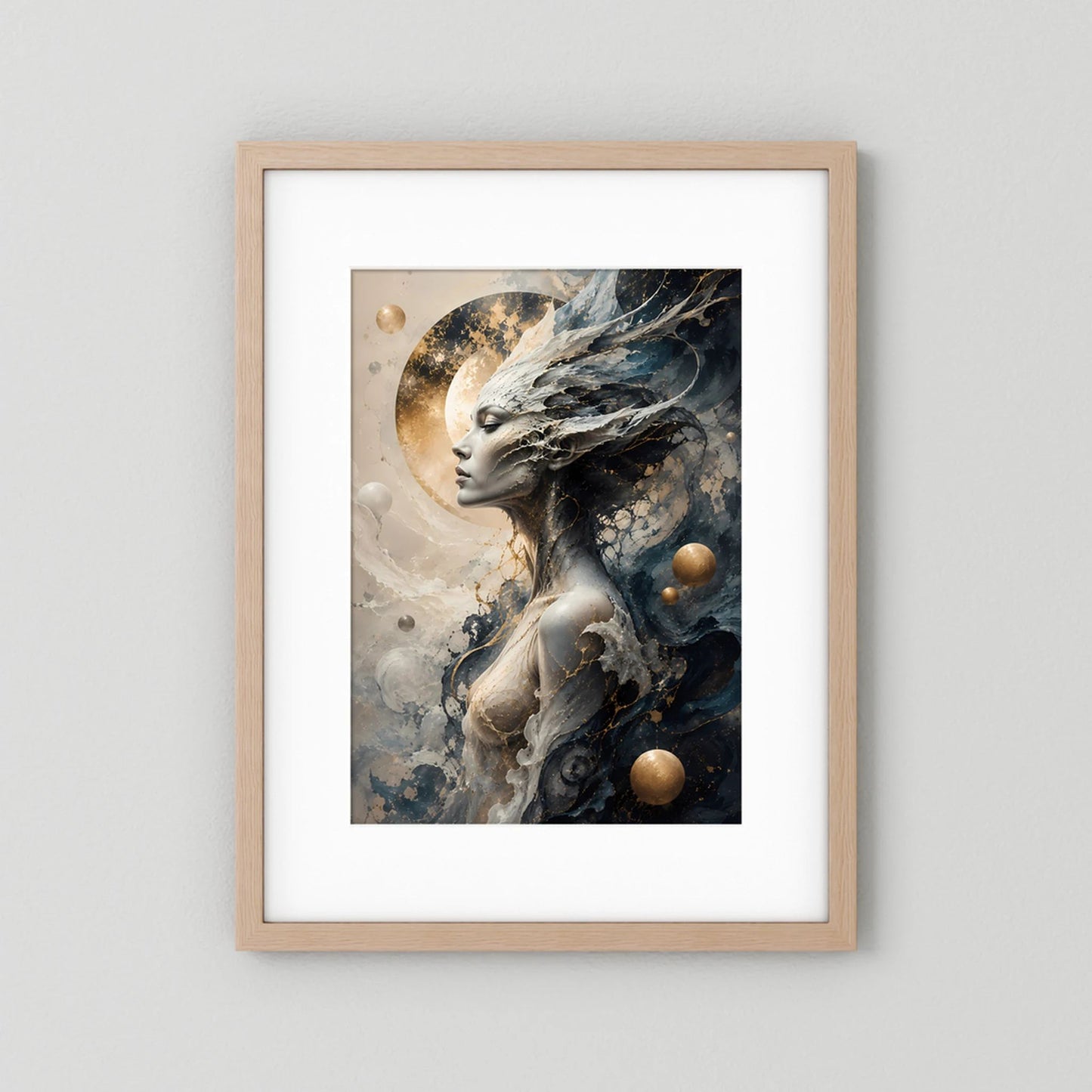 Kosmische Göttin | Mystische Fantasy Frau in Schwarz Gold | Poster Hochformat