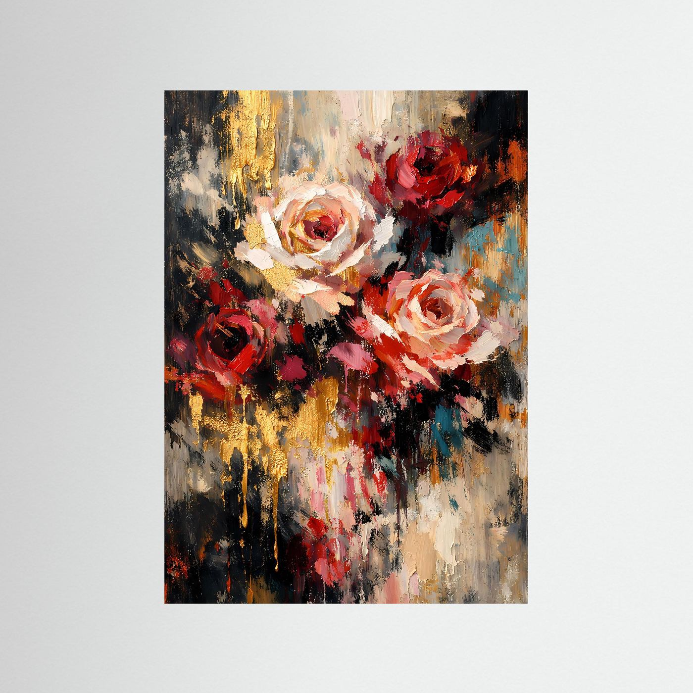 Hochformatiges Rosen-Kunstposter, abstrakte Blumen mit Rot-, Creme- und Goldtönen