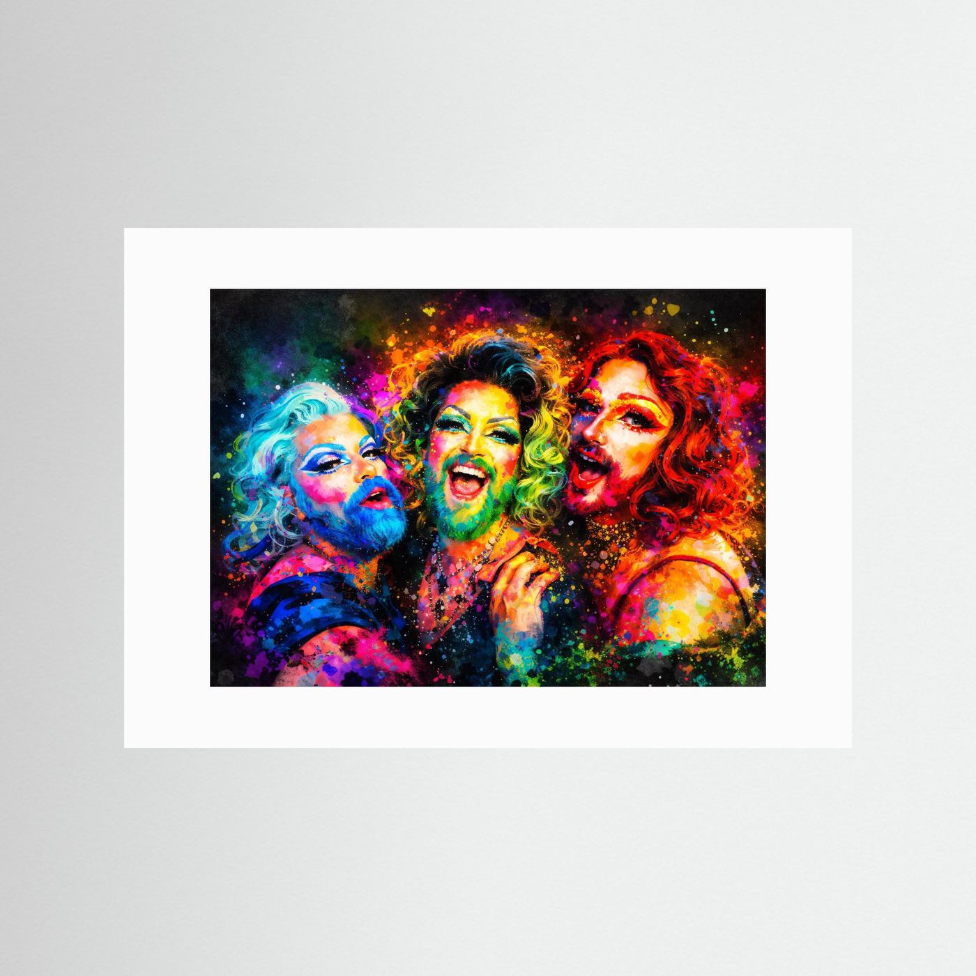 Poster ohne Rahmen mit farbigem Portrait von drei Personen