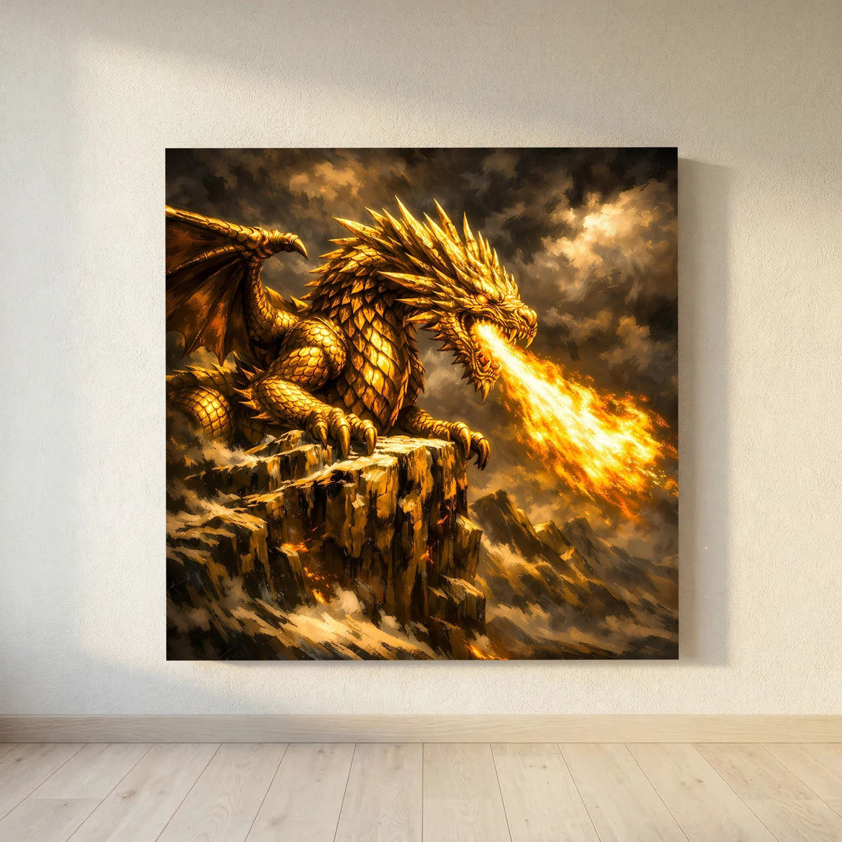 Leinwand-Fantasy-Wandbild, goldener Drache über Felsbrocken, strahlender Feueratem