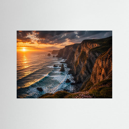 Wandbild mit dramatischer Steilküste und Meer bei Sonnenuntergang, Querformat