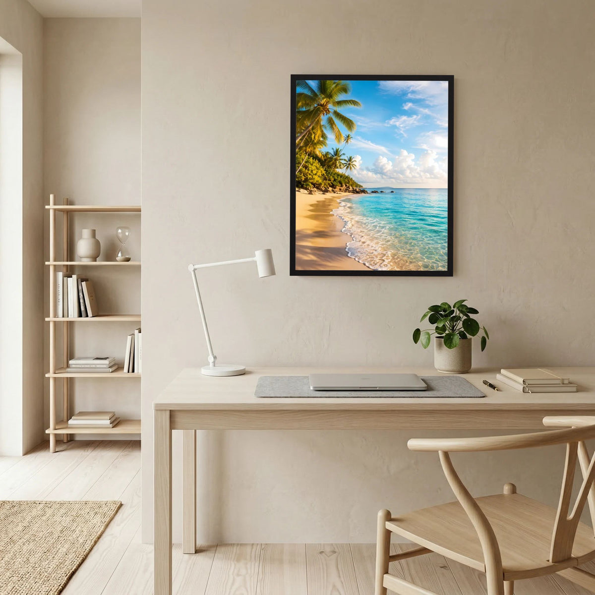 Hochformatiges Strand-Poster mit Palmen im schwarzen Rahmen an heller Wand