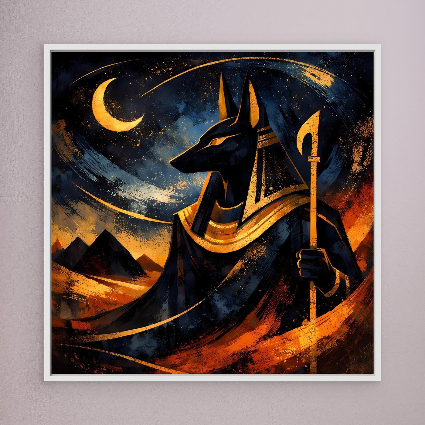 Leinwand-Wandbild mit weißem Rahmen: Anubis mit Fackel und Mondsymbol in warmen Rottönen
