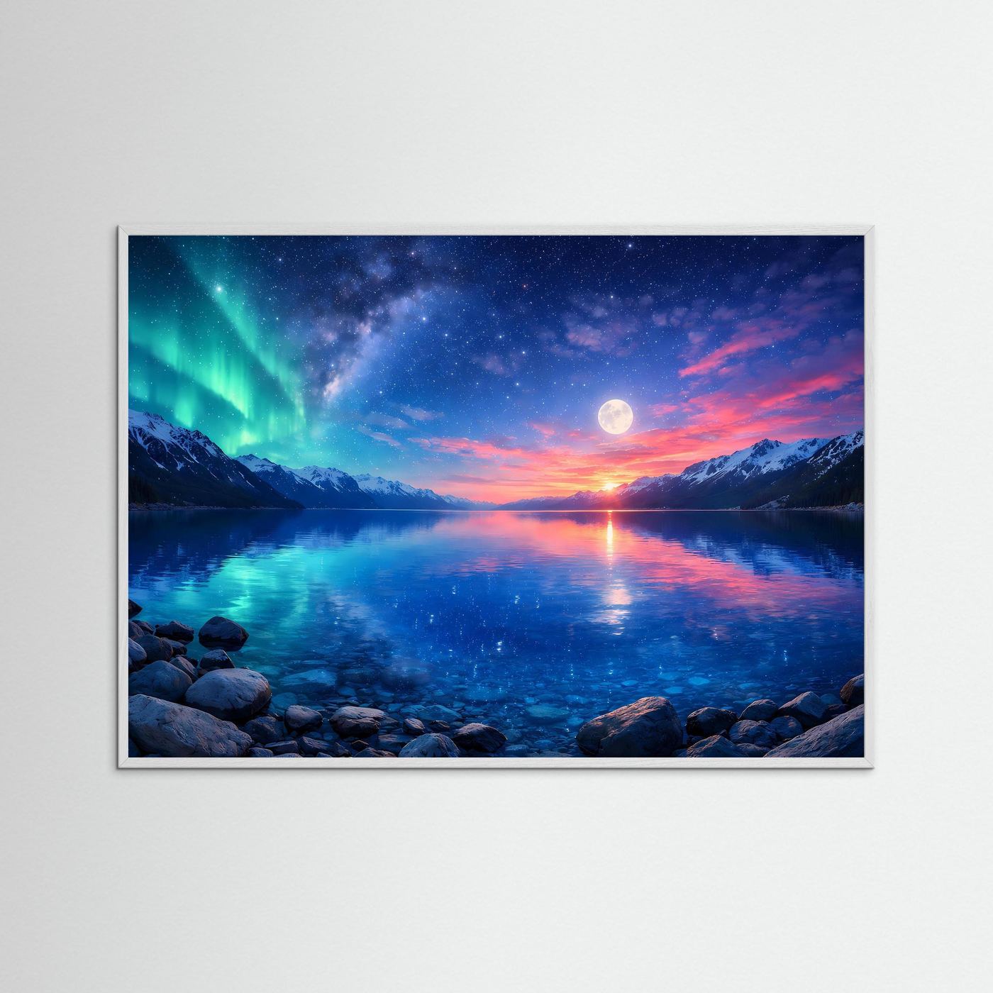 Wandbild mit Polarlicht über Mondsee, Berge und Steinufer, grauer Rahmen