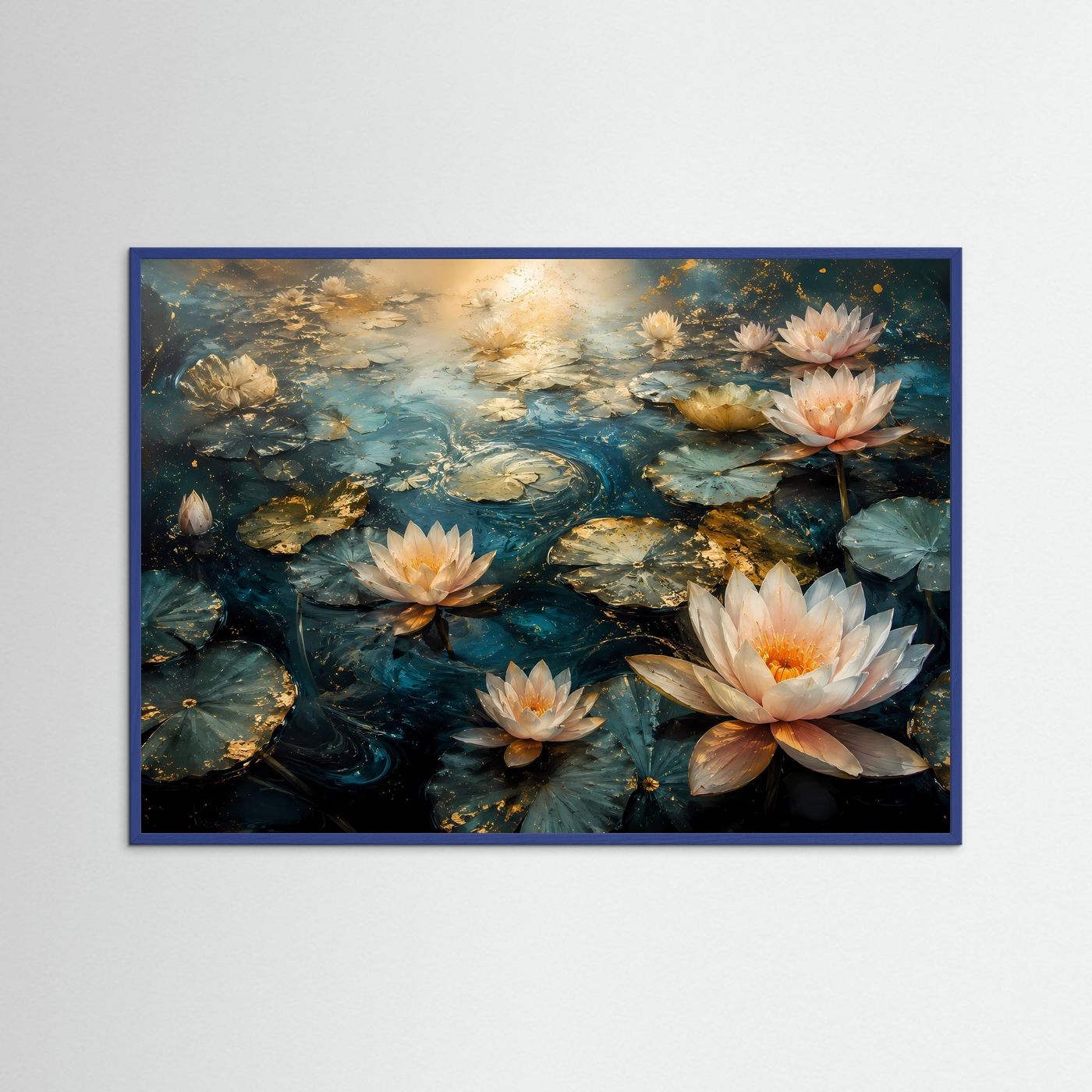 Seerosen Poster | Lotusblüten Wandbild | Eleganter Seerosenteich | Gold Blau Kunst | Premium Leinwandbild