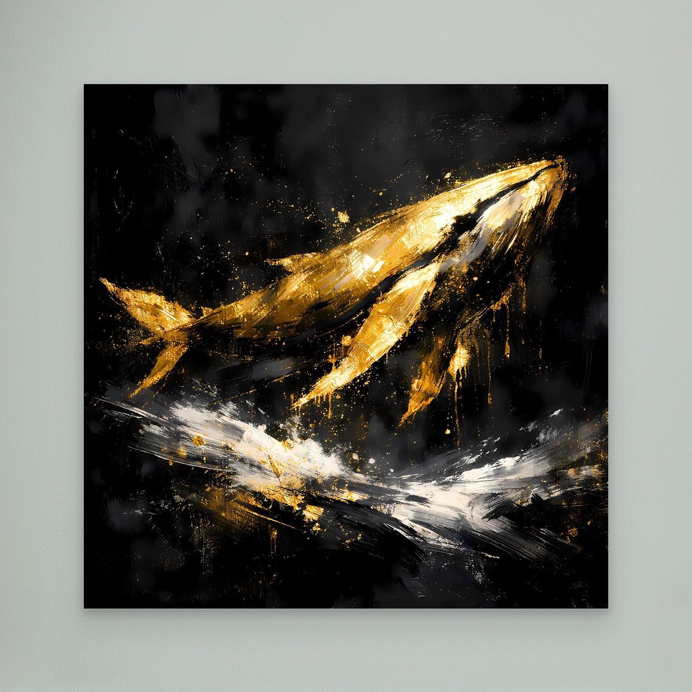 Leinwand Majestätischer Wal in Gold und Schwarz | Modernes Abstraktes Meeres Wandbild