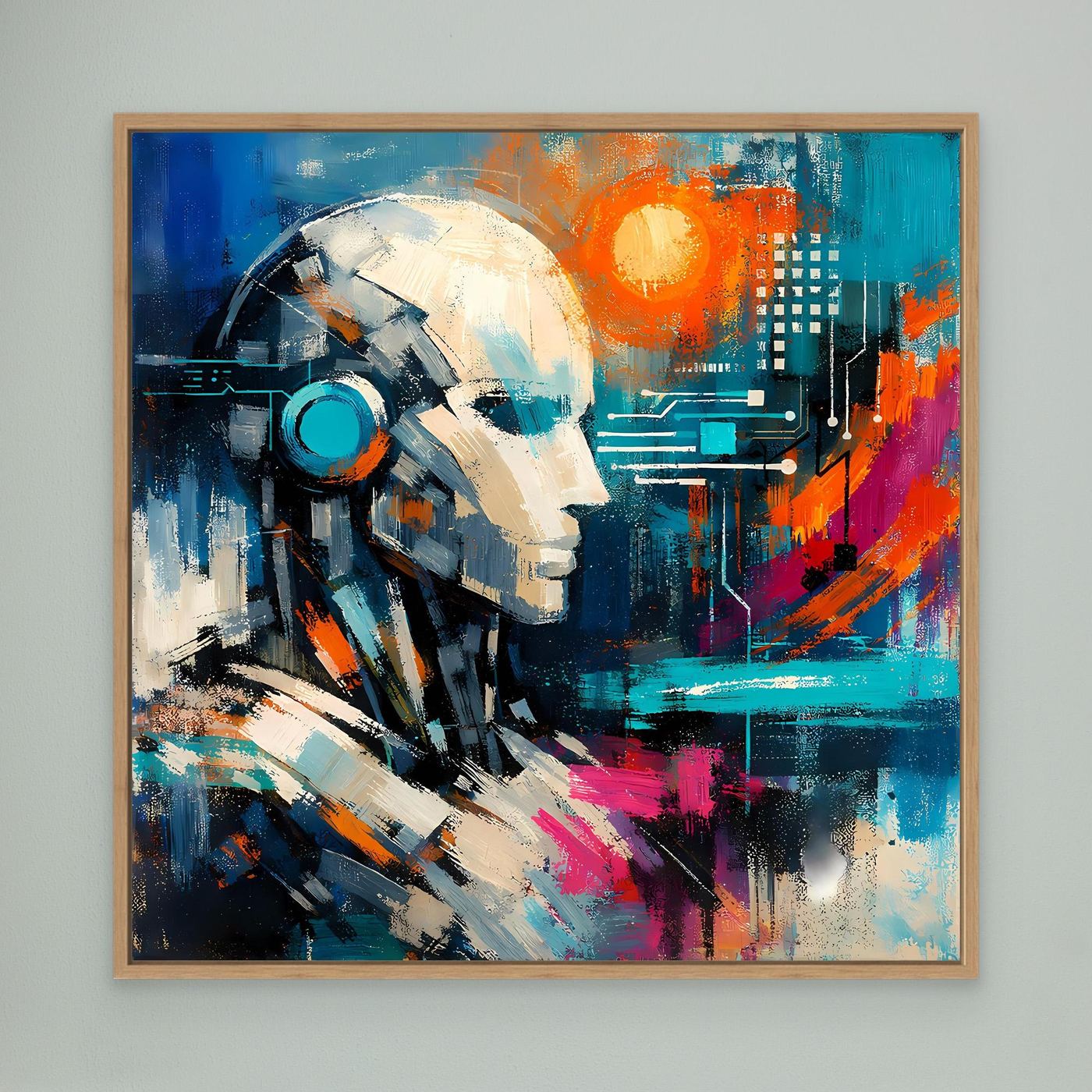 Abstract canvas print with oak frame: robotic face in blue with orange glow and circuitry