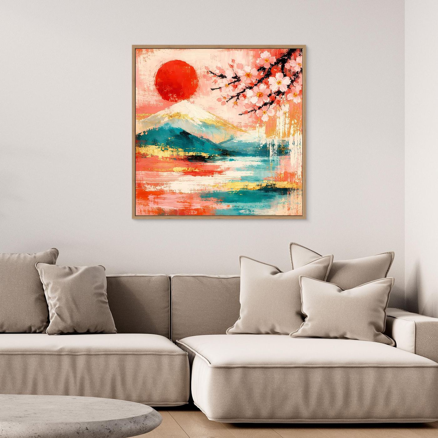 Abstraktes Leinwandbild mit roter Sonne, Kirschblüten und Landschaftsmotiv im braunen Rahmen