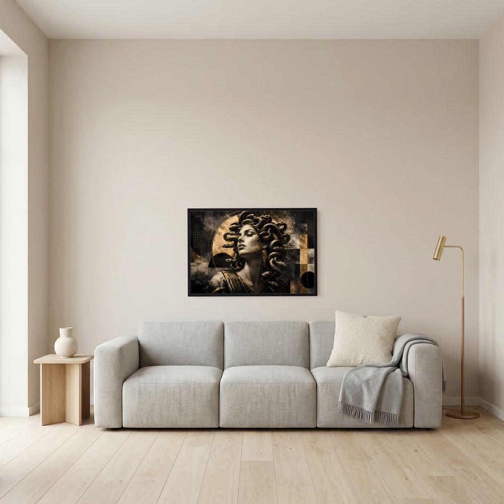 Wandposter im Querformat mit Medusa-Motiv: Frauengesicht mit Schlangen, Schwarz-Gold, schwarz gerahmt