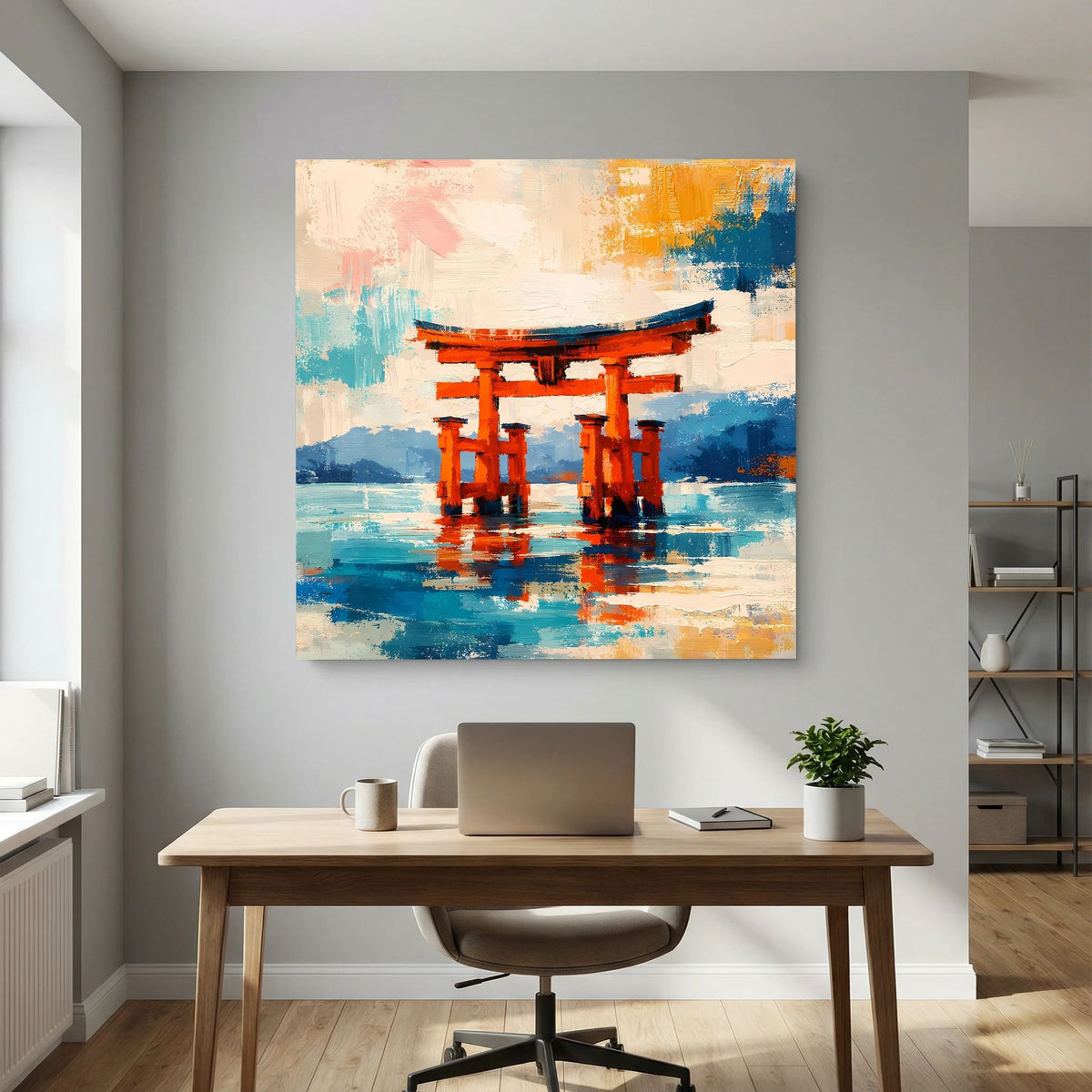 Abstraktes Leinwandbild mit Torii-Tor in Orange über blauem Wasser und pastelligen Akzenten