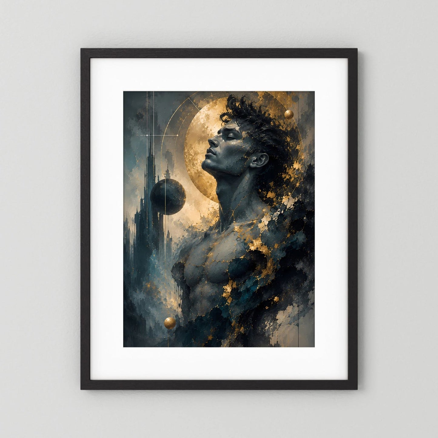 Kosmischer Mann in Gold und Anthrazit | Mystische abstrakte Weltraumkunst | Poster Hochformat