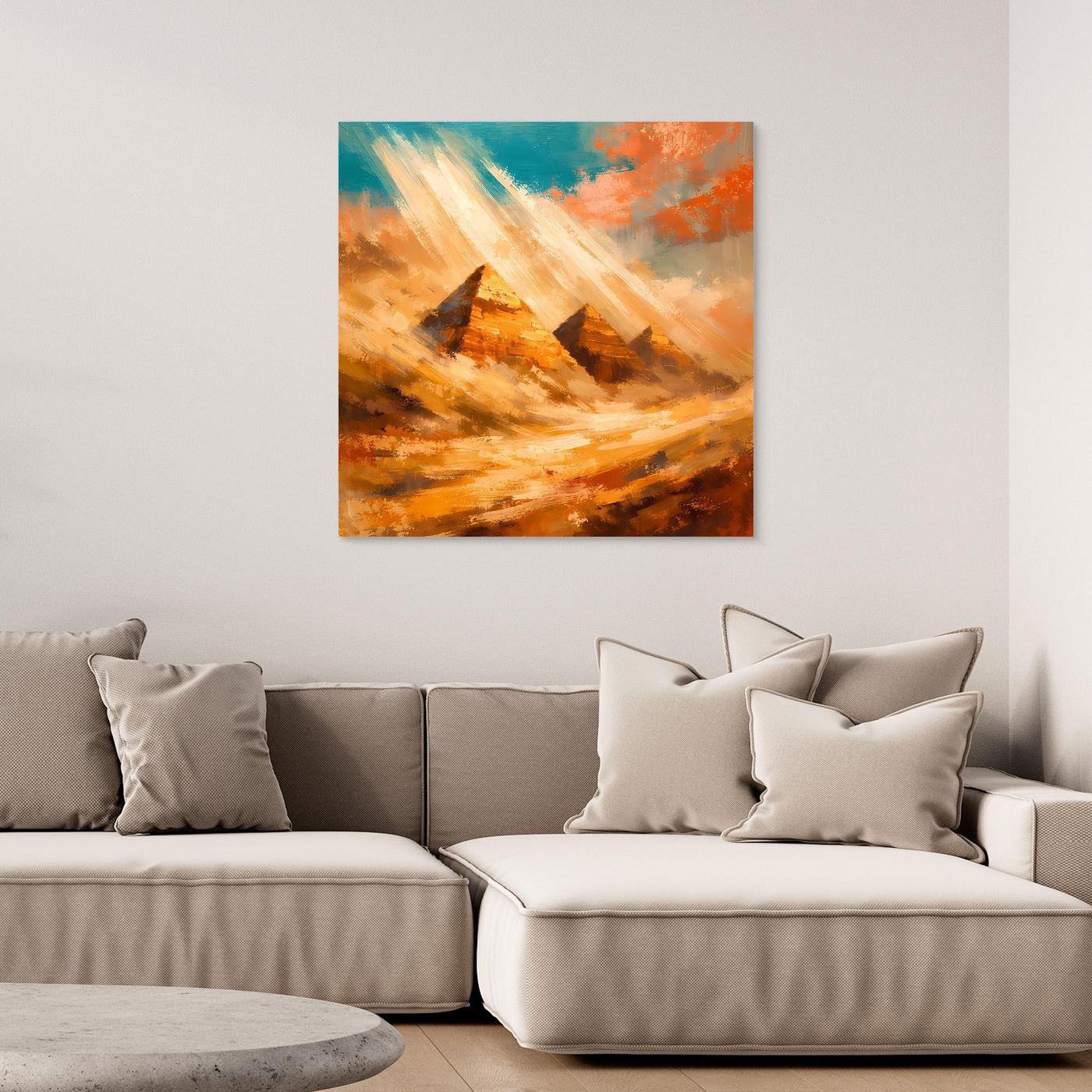 Leinwand-Wandbild mit abstrakten Pyramiden in warmen Orange- und Türkistönen, ohne sichtbaren Rahmen