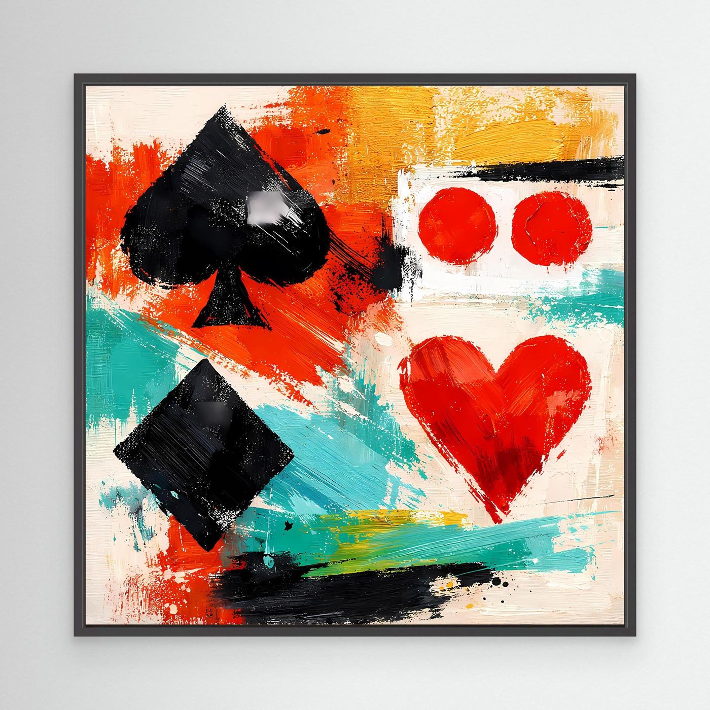 Abstract canvas art in black frame with black spade, black diamond, red dots and heart