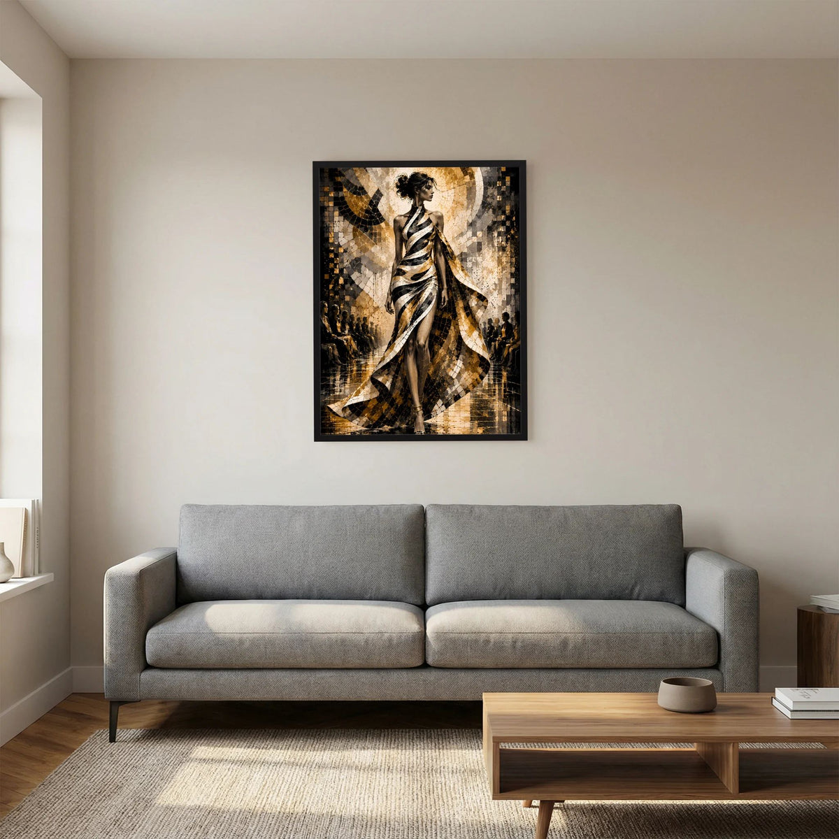 Gerahmtes Hochformat-Poster mit Frauenmotiv in Schwarz, Weiß und Gold