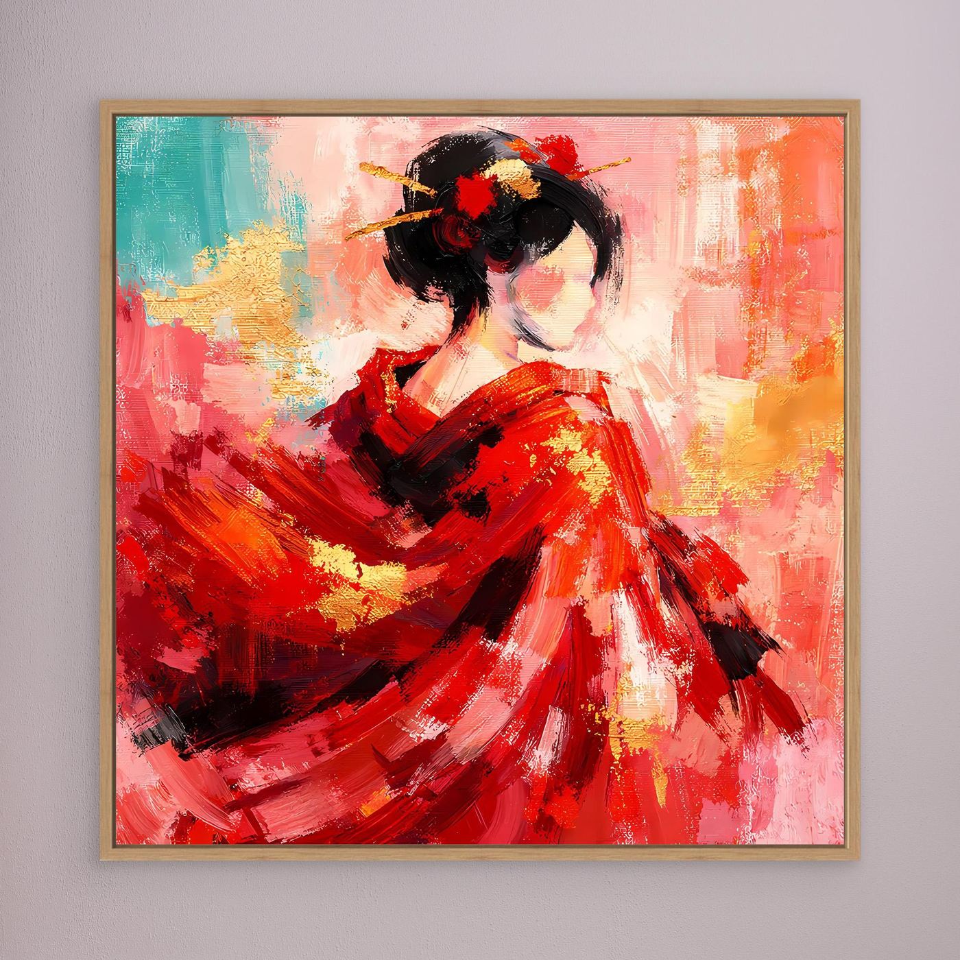 Leinwandbild mit Geisha in rotem Kleid, abstrakte Pinselstriche, brauner Holzrahmen