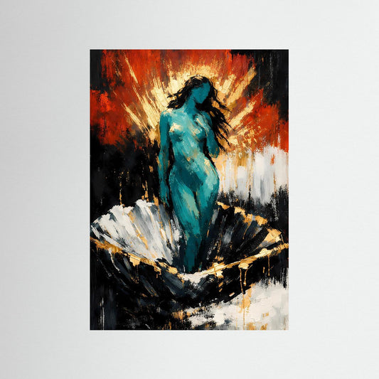 Kunstposter mit abstraktem Frauenportrait, türkisfarbene Figur im Hochformat