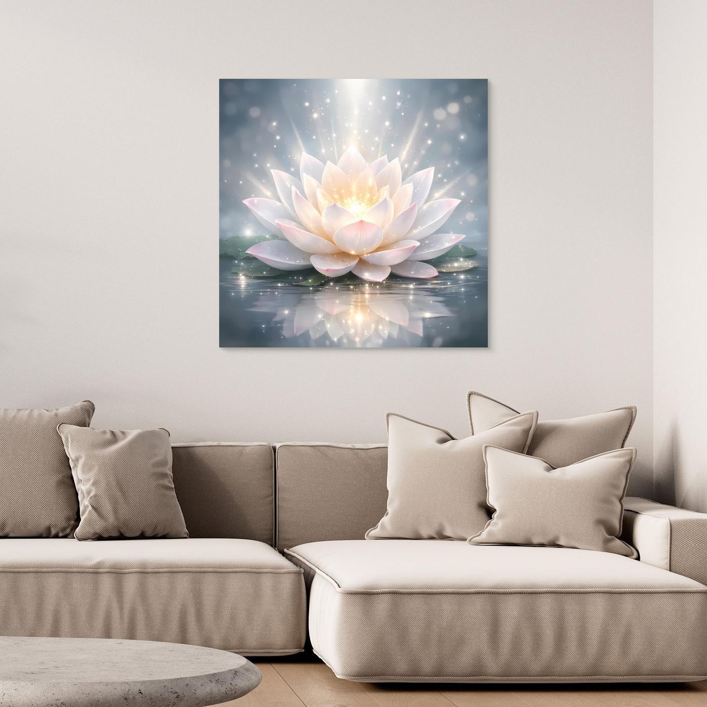 Leinwandbild mit leuchtender Lotusblüte, hellrosafarbene Blütenblätter und goldenem Glanz