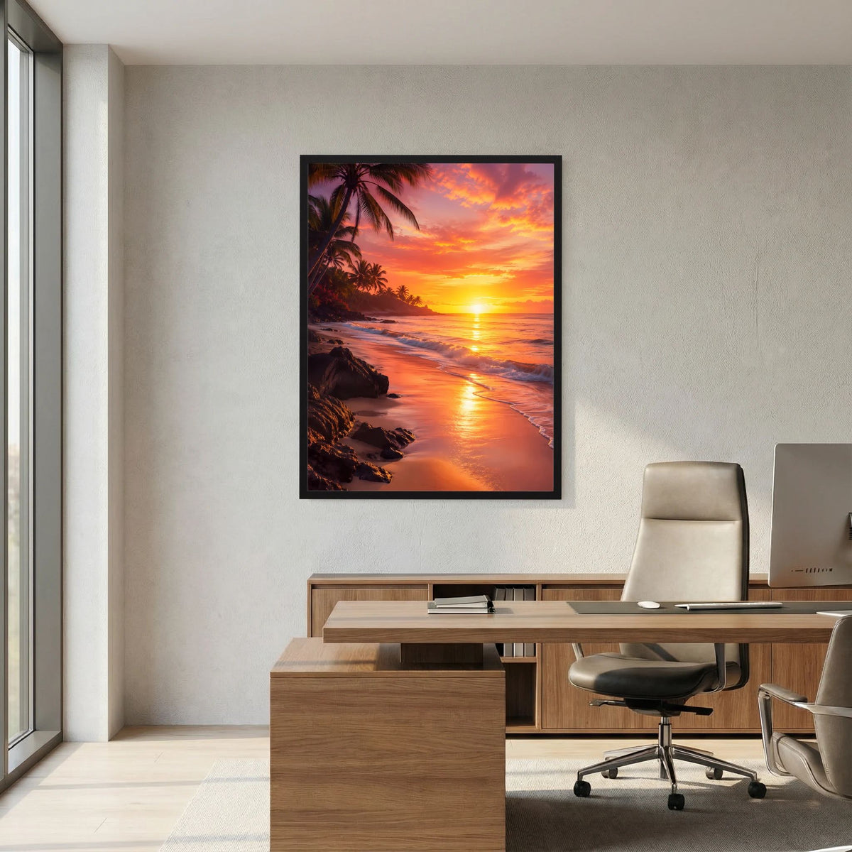 Poster im Hochformat mit Sonnenuntergang am Strand, Palmen und Wasser, schwarz gerahmt