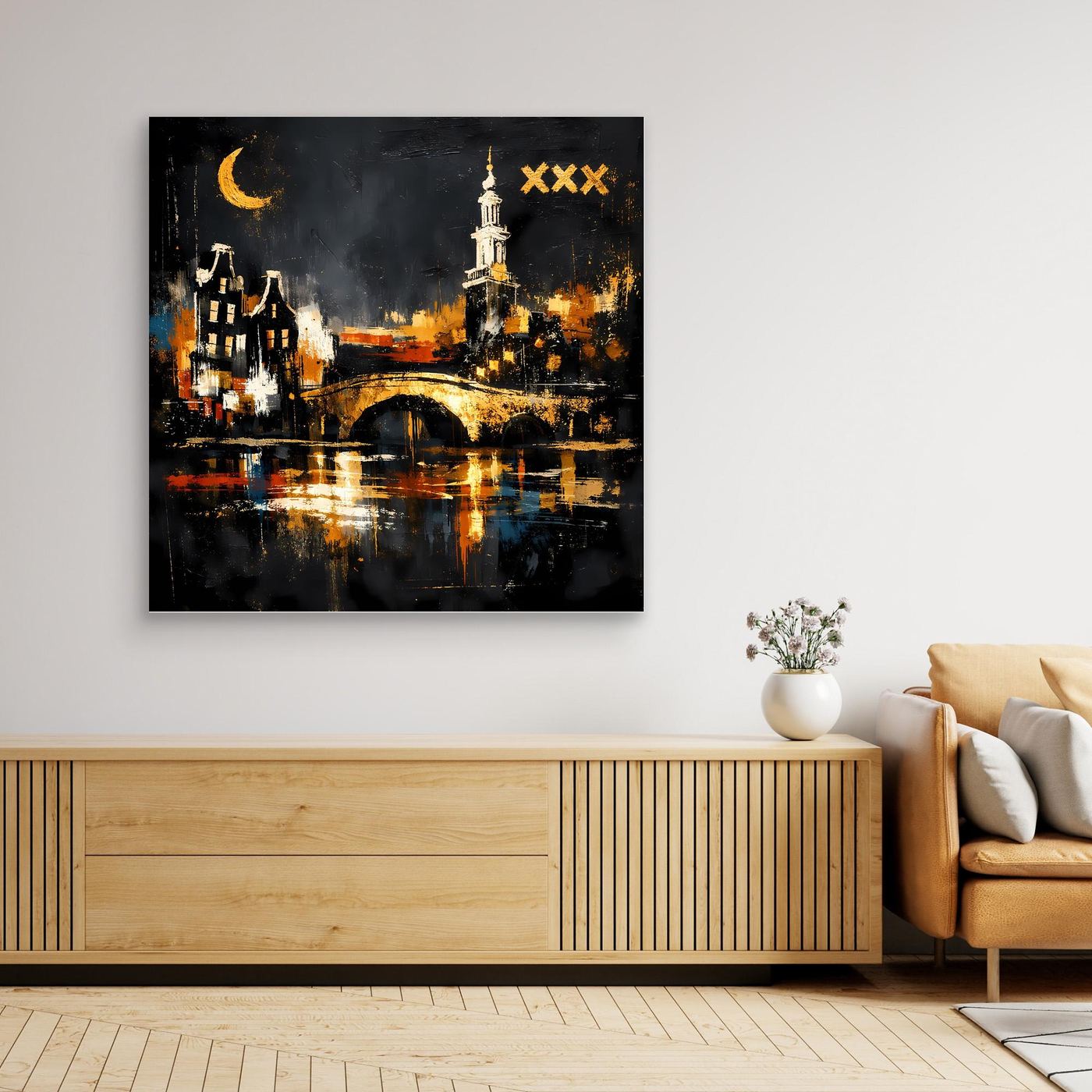 Leinwand Romantische Grachten von Amsterdam bei Nacht | Modernes Holland Wandbild