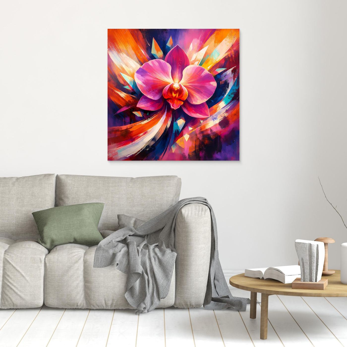 Kleines Leinwandbild mit abstrakter Orchidee in Pink und Lila, hellbrauner Rahmen.