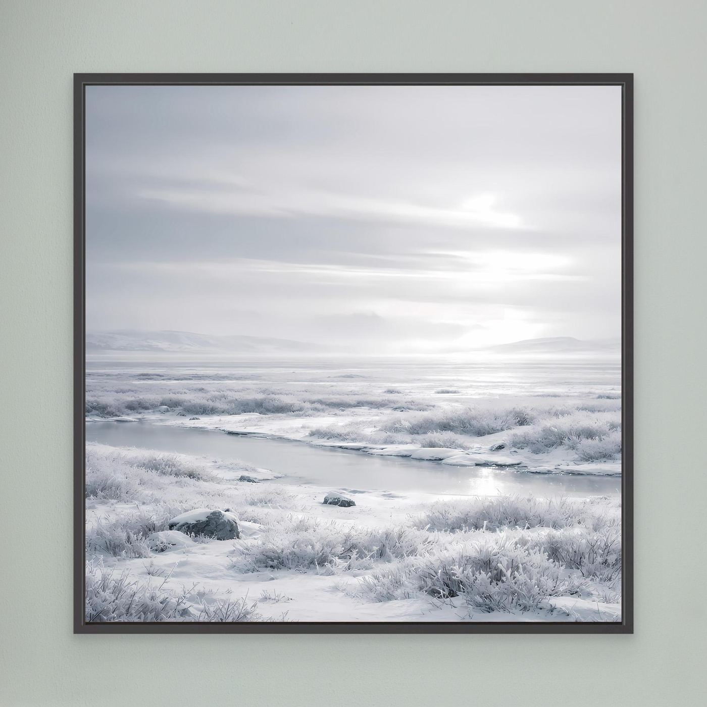 Leinwandbild mit verschneiter Winterlandschaft, schwarzer Rahmen