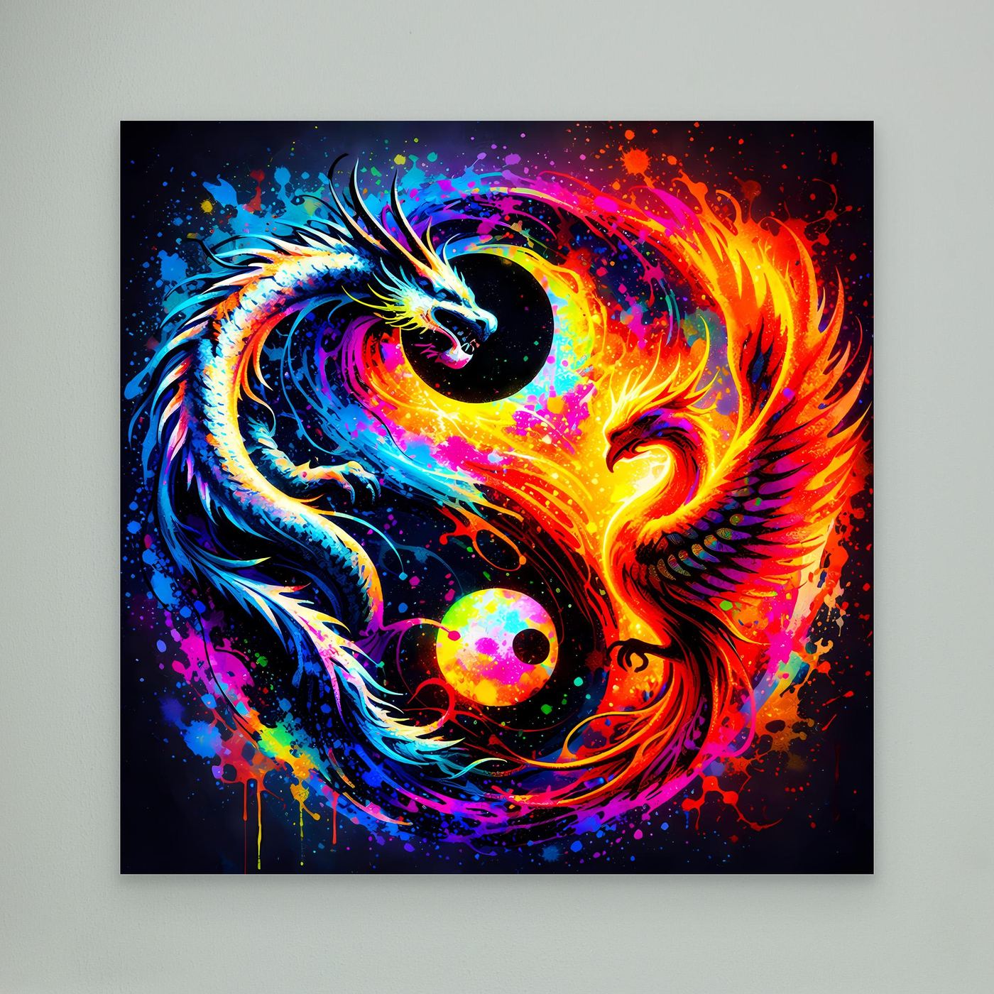 Leinwandbild mit Drache-und-Phönix-Yin-Yang-Motiv, bunt, mit weißem Rand