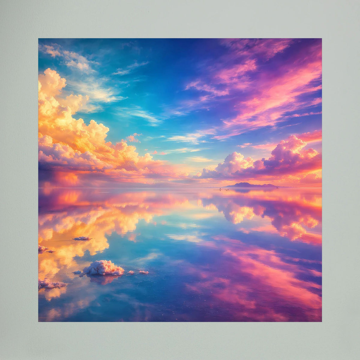 Nahansicht eines Leinwandbilds: Himmel mit Wolkenreflexen in Blau, Lila und Orange