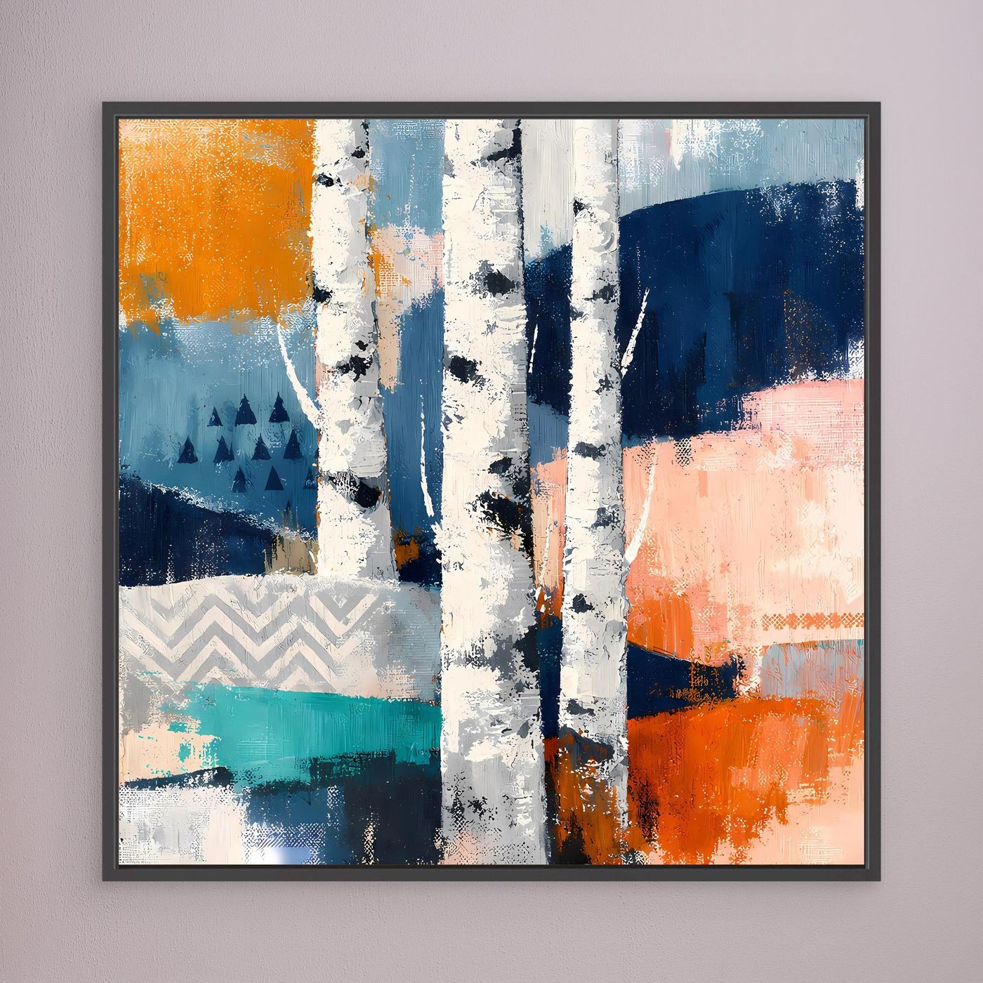 Leinwandbild mit abstrakten Birkenstämmen in Weiß, Blau- und Orangeflächen, schwarz gerahmt