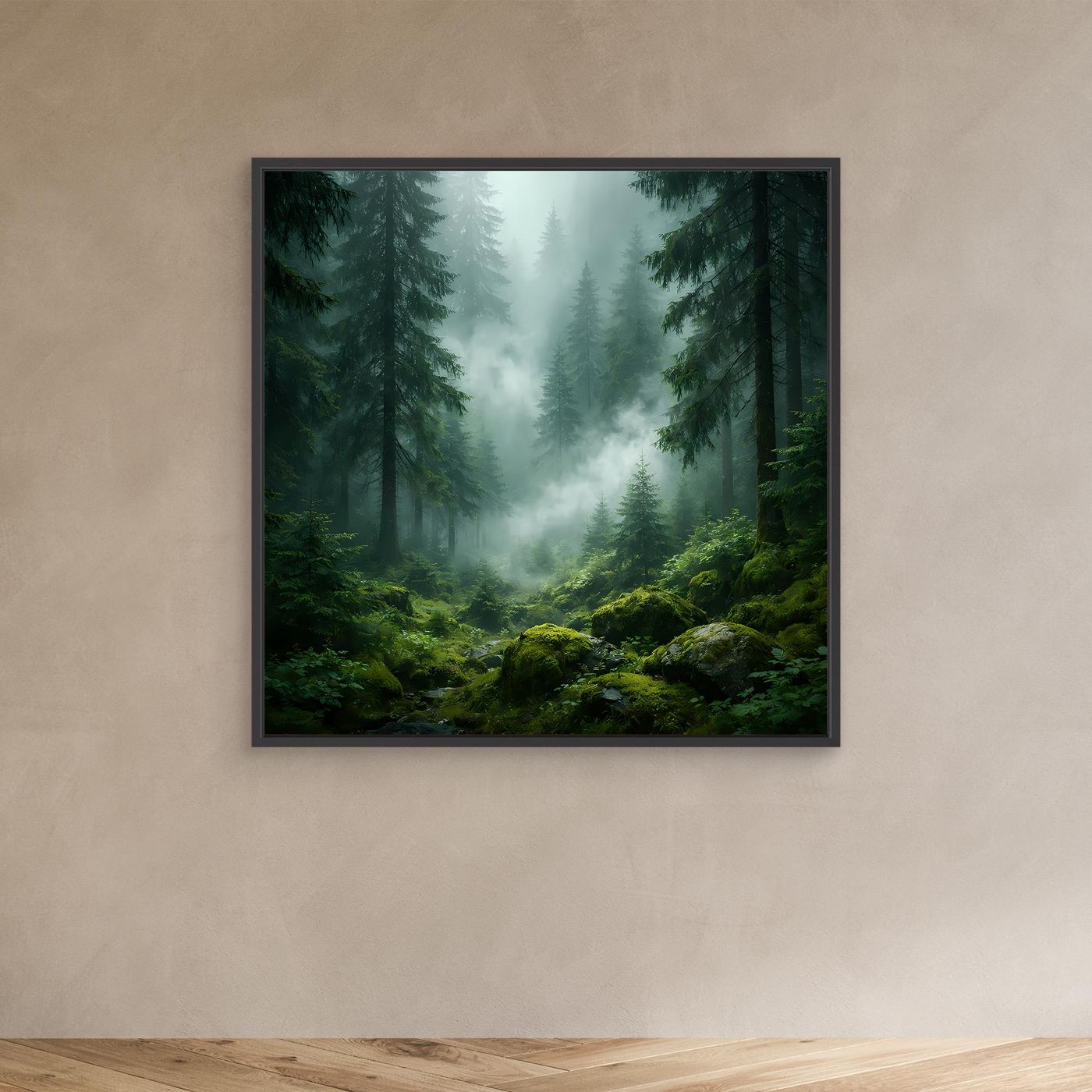 Quadratisches Leinwandbild Wald mit Nebel, Tannen und moosigen Felsen, schwarzer Rahmen