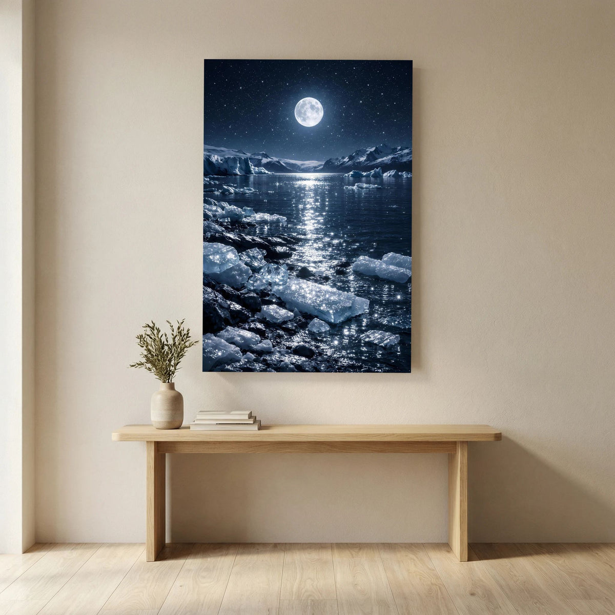 Hochformatiges Wandbild mit schwarzem Rand: Mond über eisigem Meer