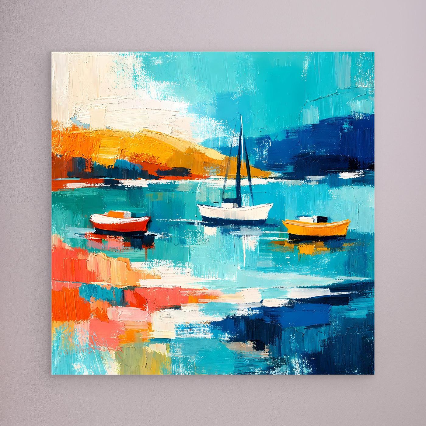 Abstract sailboat canvas wall art in teal, blue, and orange with a central sail